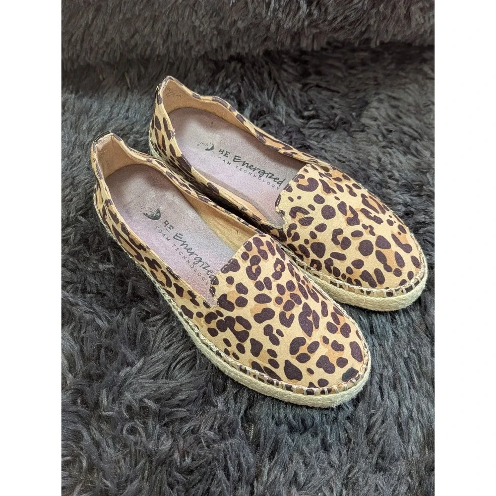 Dr Scholls Leopard Print Espadrille Flats BE Energized Slip On Shoes Brown 6M‎